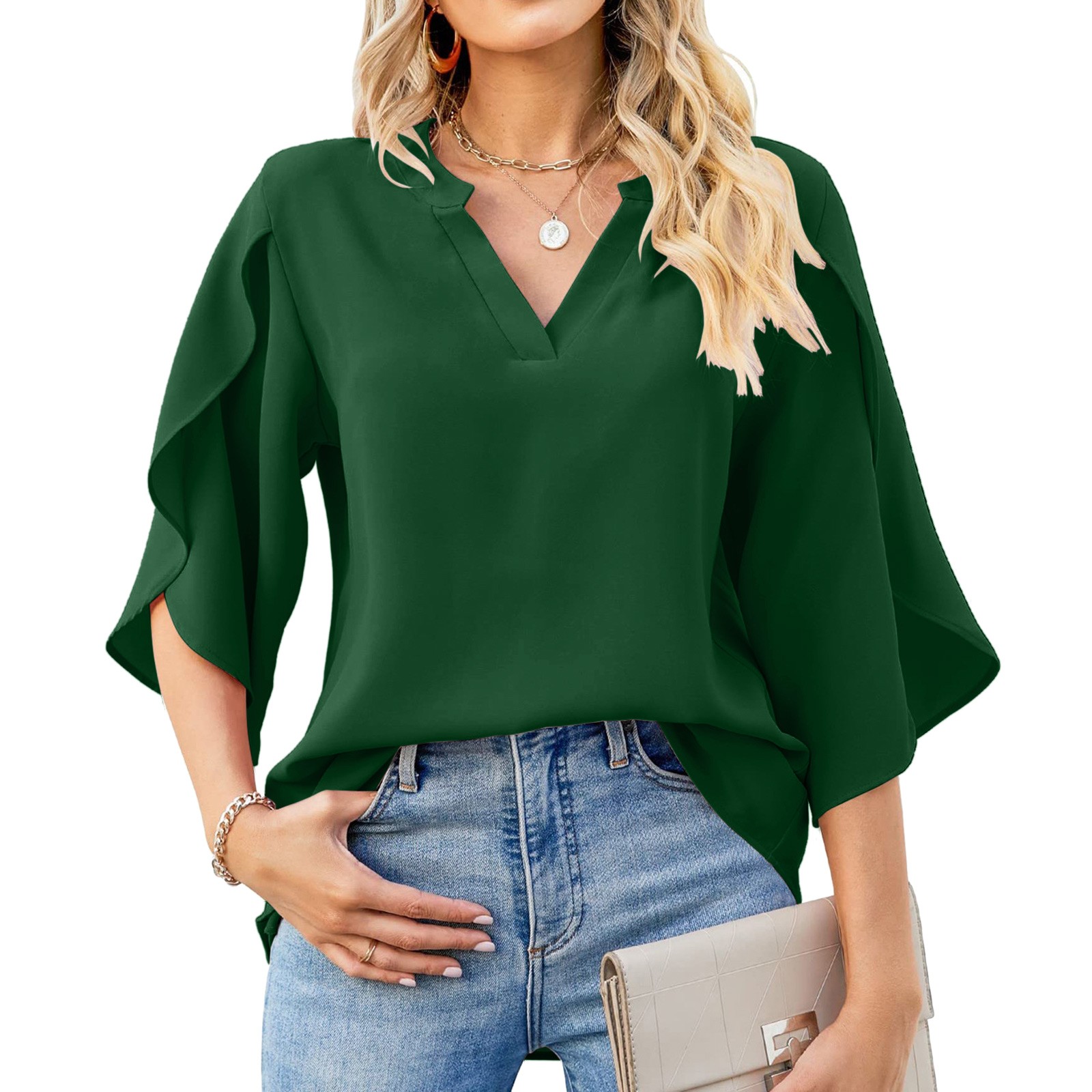 thumbnail image 2 of Nuevos tops de manga petal para mujer: blusa holgada de gasa con cuello en V y detalles plisados, mangas tres cuartos para el trabajo en verano o salidas informales., 2 of 5